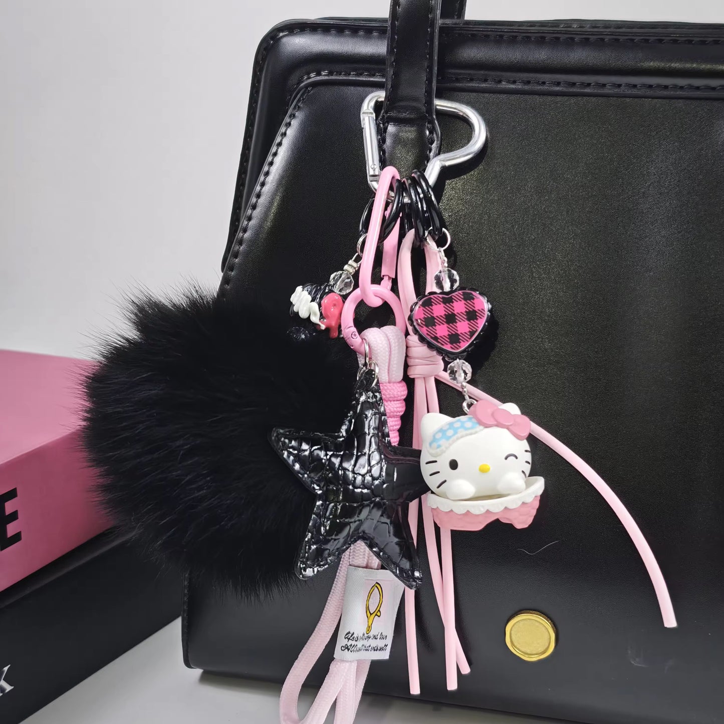 Black Pom Pom Star HK Charm Miu Style Bag Accessory