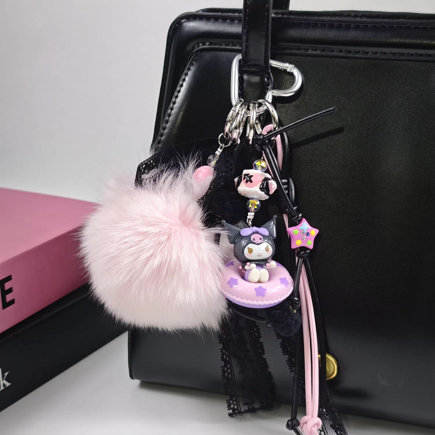 Miu Style Black Lace Bow Kuromi Charm Bag Accessory