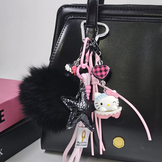 Black Pom Pom Star HK Charm Miu Style Bag Accessory